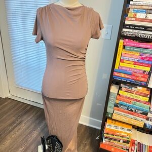 Tan Ruched Maxi Dress With Slits
